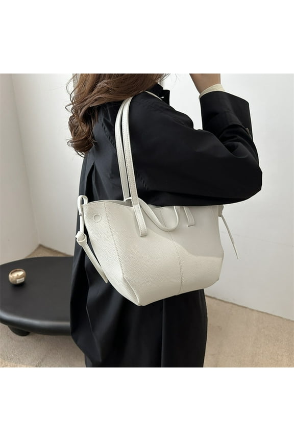 White Faux Leather Tote Bag for Women - Free Size, Large Capacity Dual Handle Crossbody Handbag, Easy to Clean, Perfect for Work, School & Weekend Shopping