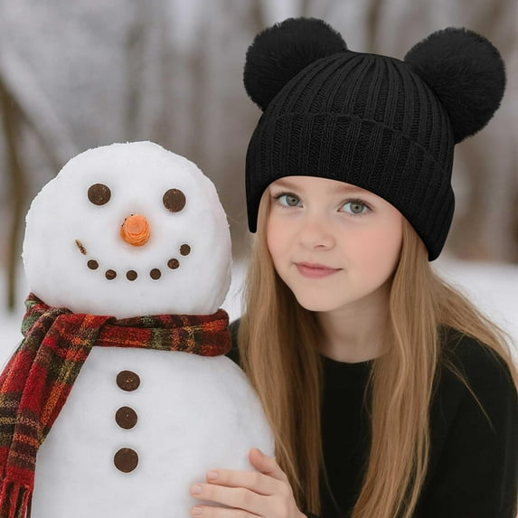 workcargo Winter Beanie Hat for Girls Kids - Soft Knit Cotton, Warm, Cute Pom Pom Design, Adjustable Cuff, One Size Fits Most, Black for Daily/Outdoor Wear,Size Free Size