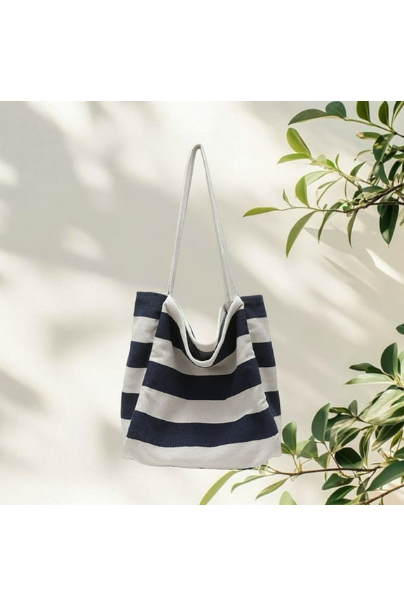 Women's Blue Striped Canvas Tote Bag - Free Size, Eco-Friendly Reusable Tote for Shopping, Beach & Daily Use, Durable Spacious Design