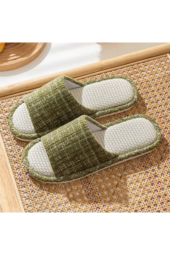 Women's Breathable Linen House Slippers - Open-Toe Green Indoor Slippers for Daily Use, US Size 5-6 (EU 36), Eco-Friendly & Non-Slip