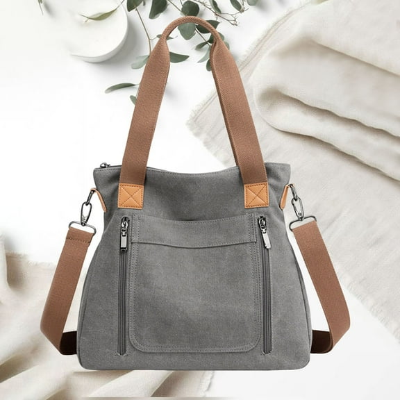 Zunfee Women's Canvas Tote Bag - Gray, Free Size, Durable Canvas with Multi Pockets, Convertible Straps, Eco-Friendly for Travel, Work & Shopping
