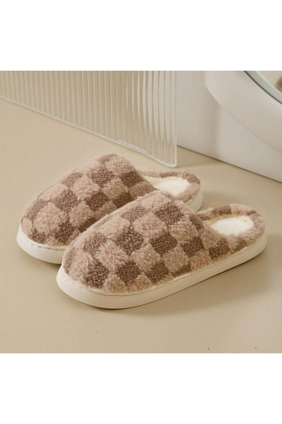 workcargo Women's Coffee Plush Checkered Slippers - US Size 9 (EU 40), Warm, Non-Slip Sole, Machine Washable for Home Winter/Fall Use
