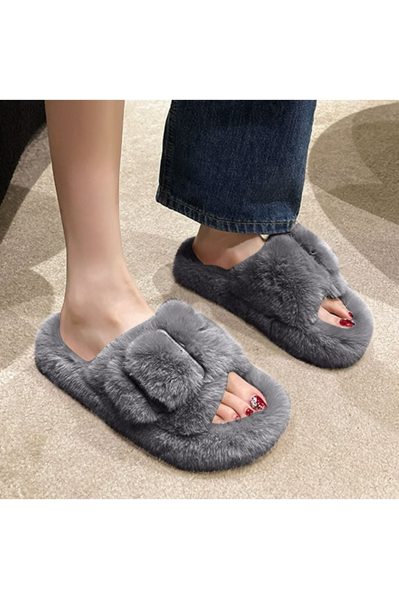 Women’s Cozy Warm 100% Polyester Plush Slippers - Open Toe Indoor Shoes for Lounge/Remote Work, Gray, Size 37 EU (US 6)