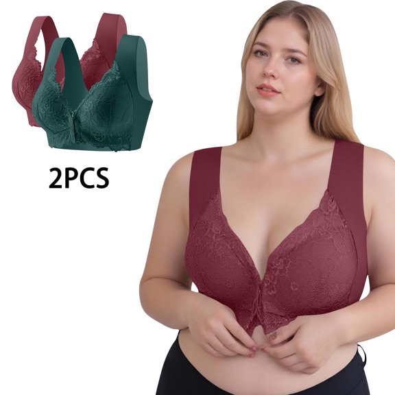Bwndum Women's Everyday Wireless Bra 2 Pack - Size M, Front Closure, Wide Shoulder Straps, Lace Detailing (Wine)