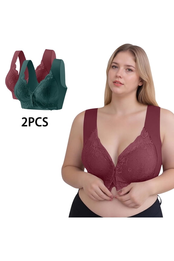 Women's Everyday Wireless Bra 2 Pack - Size M, Front Closure, Wide Shoulder Straps, Lace Detailing (Wine)