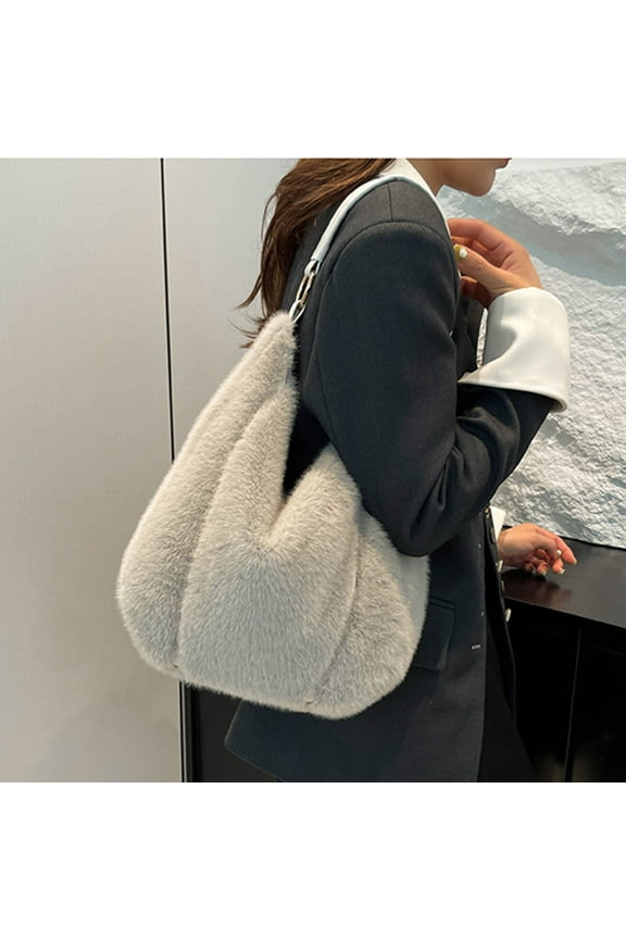 Women's Faux Fur Hobo Bag - Gray, Free Size, Polyester Soft Texture Handbag with Faux Leather Shoulder Strap, Casual Fashion for Daily Use