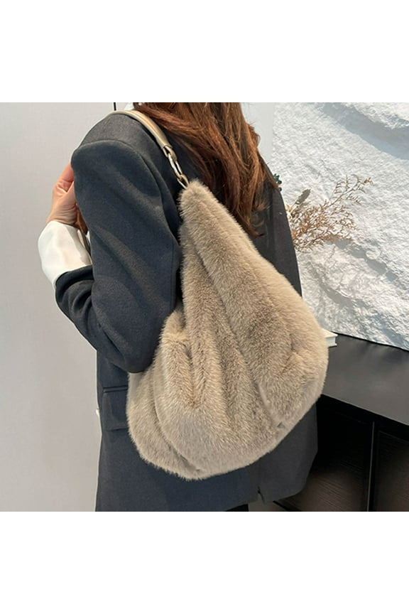 Women's Faux Fur Hobo Bag - Vegan Slouchy Spacious Free Size, Khaki Color, Faux Leather Strap, Lightweight for Daily Use/Casual Outings