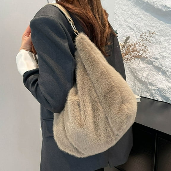 Zunfee Women's Faux Fur Hobo Bag - Vegan Slouchy Spacious Free Size, Khaki Color, Faux Leather Strap, Lightweight for Daily Use/Casual Outings