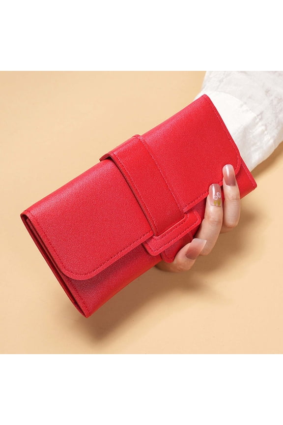Women's Faux Leather Wallet - Long Slim, Fits Phone, Buckle Closure, Red - Affordable Vegan Wallet for Everyday Use, Minimalist Design