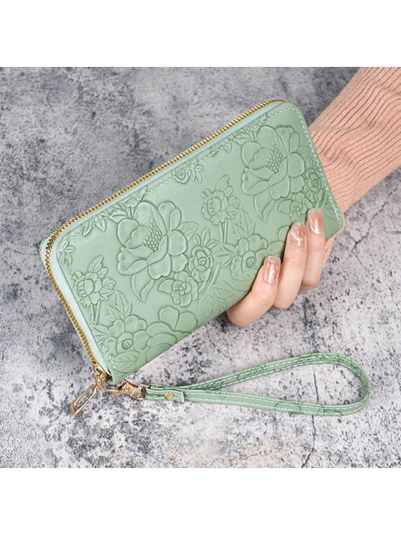 Zunfee Women's Faux Leather Wristlet Wallet - Green Embossed Floral, Zip-Around, Detachable Strap, Long Multi-Card Slot Vegan Leather Wallet for Ladies