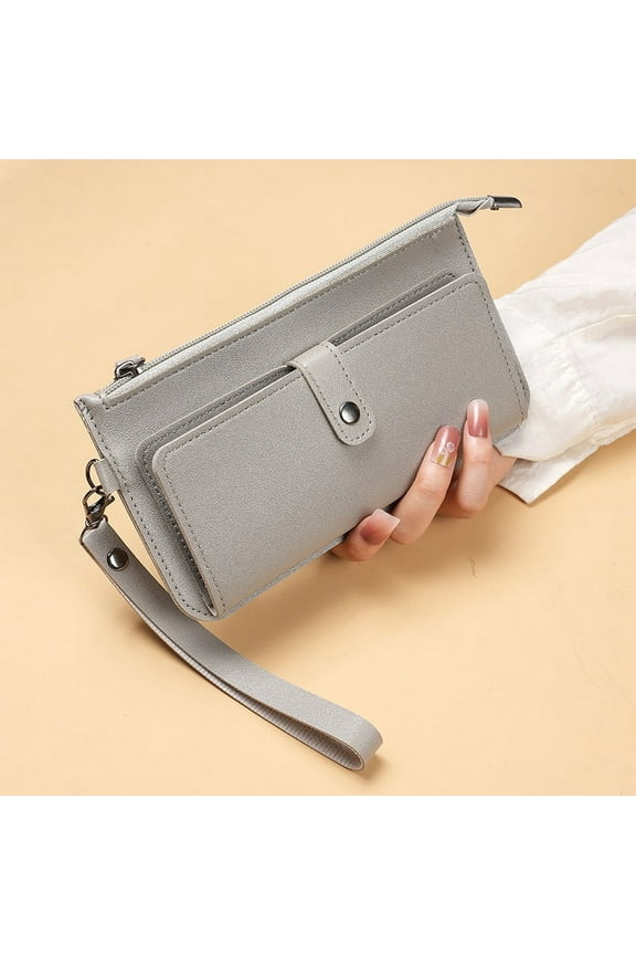 Women's Faux Leather Wristlet Wallet - Slim Vegan Leather Clutch with Wrist Strap, Zipper & Snap Pocket, Water-Resistant, Gray, for Everyday Use & Travel
