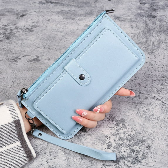 Zunfee Women's Faux Leather Wristlet Wallet - Slim Wrist Strap Wallet with Zipper & Snap Pocket, Waterproof, Light Blue, Vegan, for Everyday & Travel