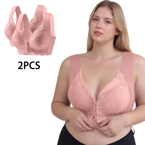 Bwndum Women's Front Closure Lace Trim Bras - Soft Stretch, Pink, Size L, 2 Pack for Daily/Postpartum Comfort
