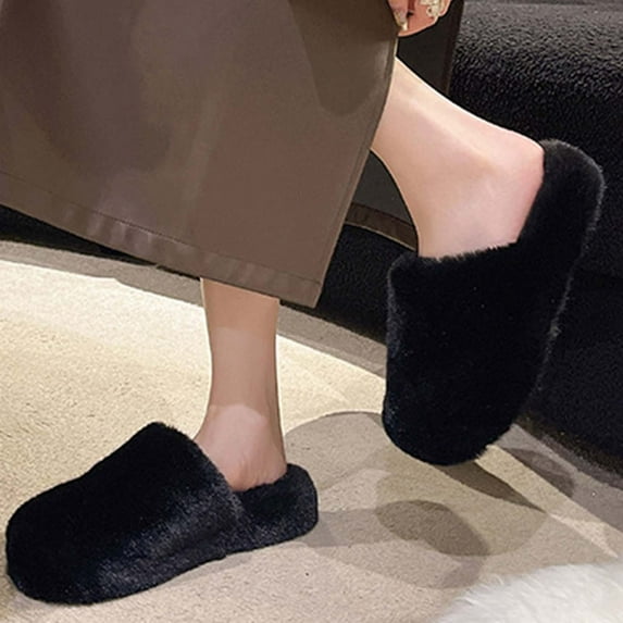 Zunfee Women's Fuzzy House Slippers - Black, US 10 (EU 41), 100% Polyester Non-Shedding, Warm Cozy for Fall Winter Indoor Relaxing/Remote Work