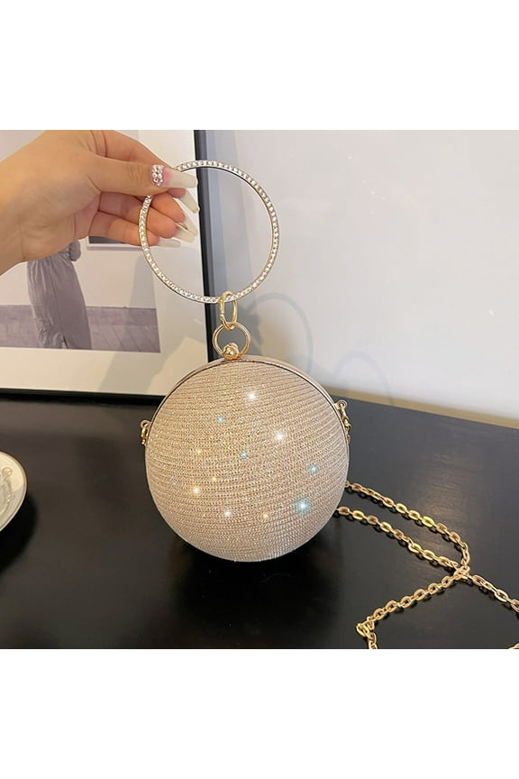 Women's Gold Round Clutch Bag with Rhinestone Handle & Detachable Gold Chain, PVC Evening/Party Clutch, Free Size, Stylish for Weddings/Dinners