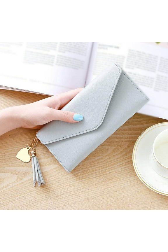 Women's Gray Vegan Leather Wallet - Envelope Style with Tassel & Heart Pendant, Slim Compact PU Leather Wallet for Daily Use, Free Size