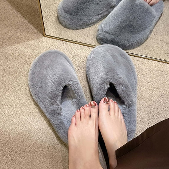 Zunfee Women's Gray Warm Fuzzy House Slippers - 100% Polyester Slip-on Indoor Slippers, Size 40 (EU)/US 9, Non-Shedding Easy to Clean