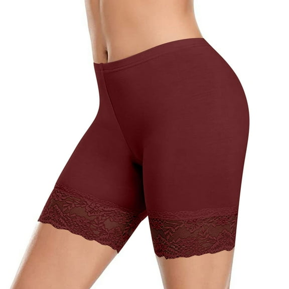 Zunfee Women's Lace Trimmed High Waisted Safety Shorts - Polyester Spandex Stretch, for Dresses/Lounge Wear, Wine Color, Size M