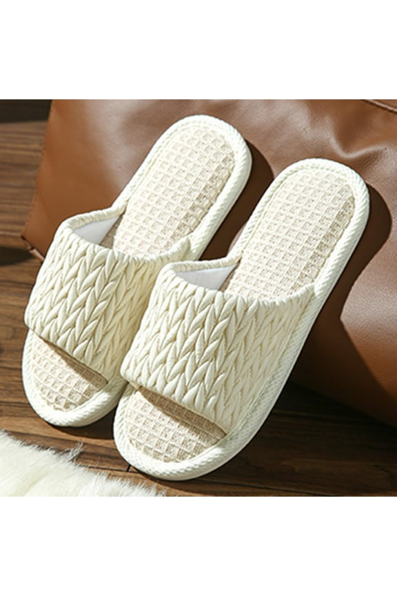 workcargo Women's Linen Home Slippers - Non-Slip Breathable Open-Toe, White, Size 38 (US 7.5), Affordable Eco-Friendly for Women's Indoor Daily Comfort
