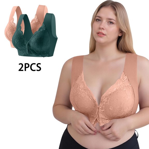 Bwndum Women's M Size Front Closure Bra - Coffee, Soft Stretchy with Lace Detail, 2 Pack Wide Strap Everyday Comfort Bra