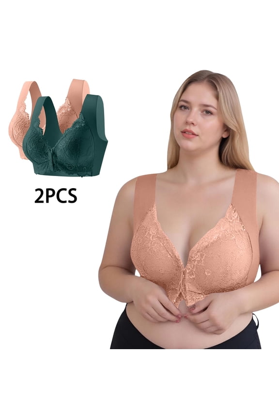 workcargo Women's M Size Front Closure Bra - Coffee, Soft Stretchy with Lace Detail, 2 Pack Wide Strap Everyday Comfort Bra