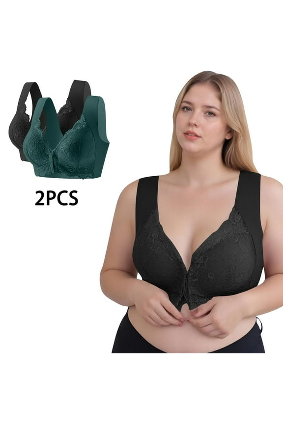 workcargo Women's Plus Size Front Closure Bra - 2 Pack Black Lace Wide Strap Wirefree Everyday Bra, Size 3XL