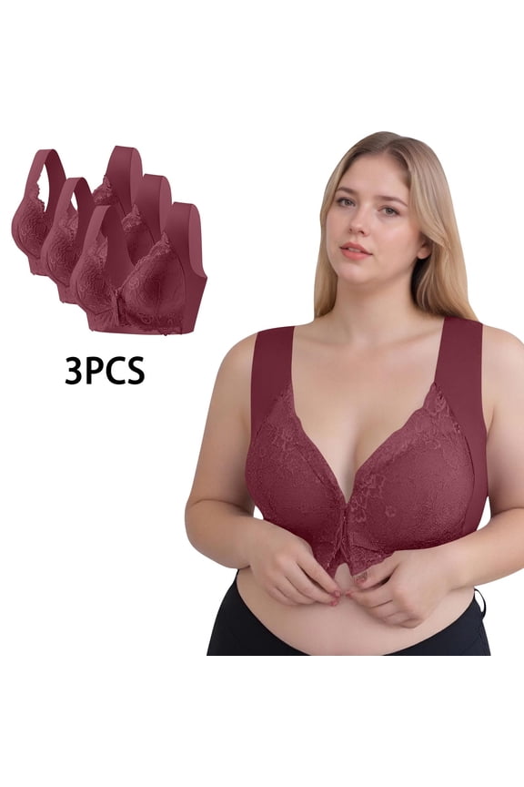 Women's Plus Size Wireless Bras - 3XL, Wine Color, 3 Pack with Lace Detail, Full Coverage for Everyday & Lounge Wear