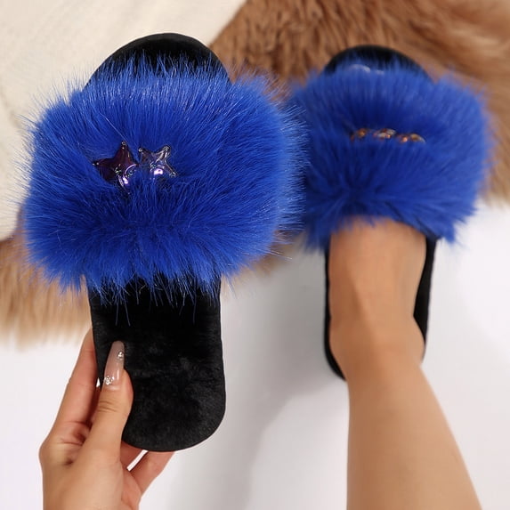 Zunfee Women's Plush Open Toe Slide Slippers - Warm for Cool Weather, Blue, EU Size 42, Cozy for Indoor Use