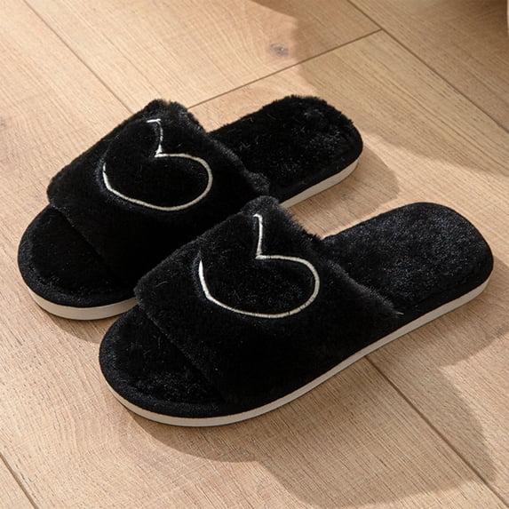 Zunfee Women's Plush Slide Slippers - Skin-Friendly Indoor Use, Embroidered Heart, Machine Washable, Cozy for Fall Winter Cold Weather, Size 42, Black