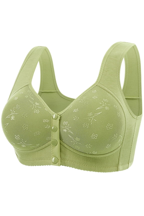 Women's Post-Surgery Wireless Front Closure Bra - Comfortable for Everyday, Wide Straps, Soft Stretch, Floral Mesh, Green, Size 38