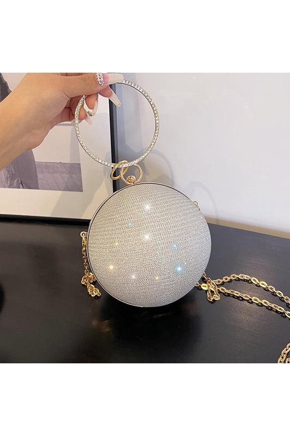 Women's Round Rhinestone Clutch Bag - Silver PVC Evening/Party Bag with Detachable Chain, Free Size, Ideal for Wedding/Cocktail Events