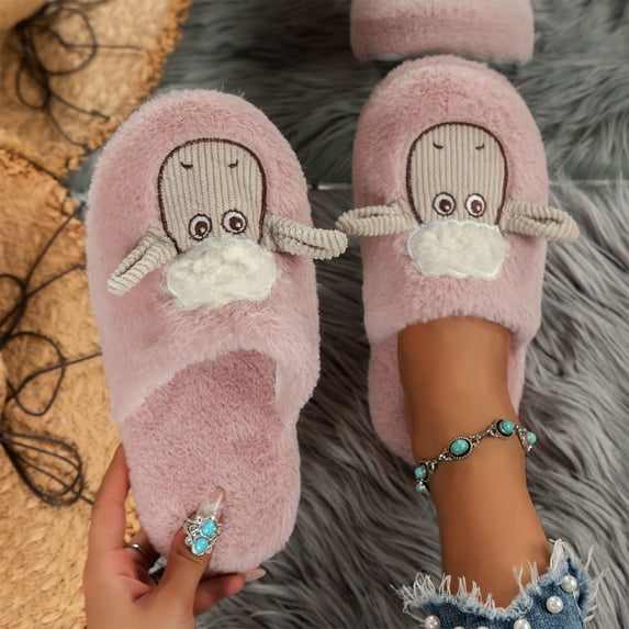 Zunfee Women's Sheep Themed Fuzzy Slippers - US Size 9 (Fits EU 40), Pink, 100% Polyester Warm Indoor Slippers for Winter & Gifting
