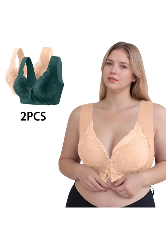 workcargo Women's Size M Comfortable Everyday Bra - Front Closure Wide Strap Supportive 2 Pack, Beige Lace Detail Bra