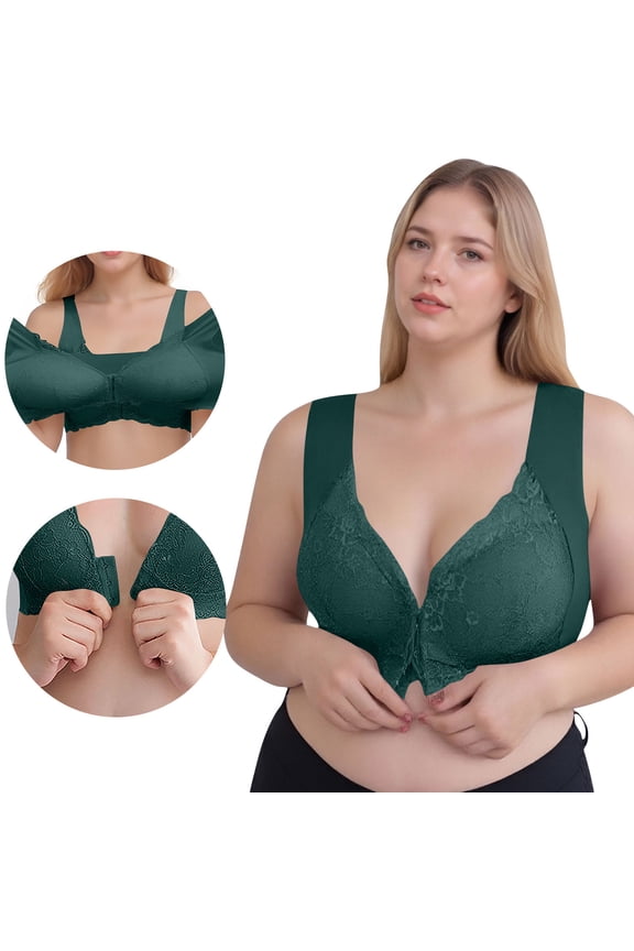Women's Size M Front Closure Wireless Bra - Comfortable Wide Straps, Lace Detail, Stretchy Fabric, Green