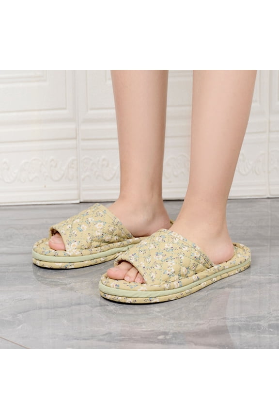 workcargo Women's Soft Cloth Quilted Floral Open Toe House Slippers - Non-Slip, Lightweight, Free Size, Green - Ideal for Home, Lounging & Gifting