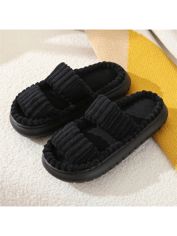 Women's Soft Cotton House Slippers, 98% Cotton 2% Spandex Open Toe Double Strap, Padded Sole Breathable, Black, US 13.5 (EU 44)