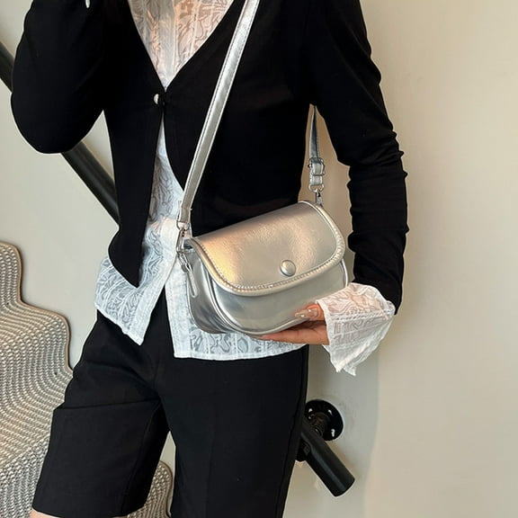 workcargo Women's Vegan Faux Leather Handbag - Silver, Free Size, Detachable Strap, Button Closure, Compact for Everyday Use (Commute/Shopping)