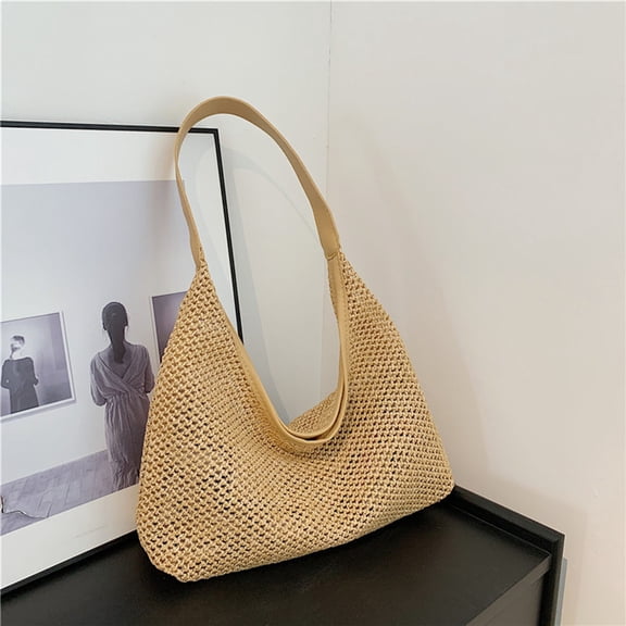 Zunfee Women's Vegan Faux Straw Woven Hobo Bag - Khaki, Free Size, Waterproof PU Handles, Summer Beach Travel Tote, Budget-Friendly Casual Handbag
