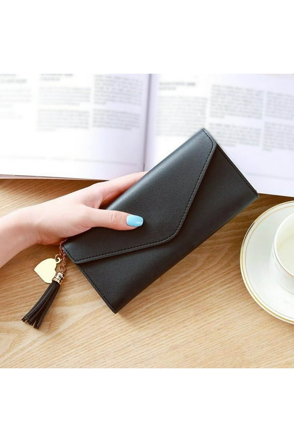 Women's Vegan PU Leather Envelope Wallet with Tassel, Slim Compact Faux Leather Wallet for Everyday Use, Cute Black Wallet for Gift, Free Size