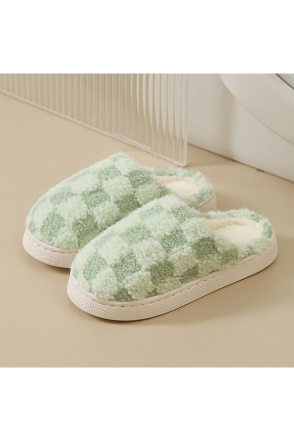 workcargo Women's Warm Plush Checkered Slippers - Green Size 38, Non-Slip Indoor Style, Soft 100% Polyester for Women's Home Comfort