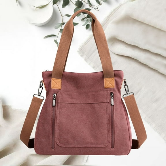 Zunfee Women's Watermelon Red Canvas Tote Bag - Free Size, Dual Strap, Multi-Zippered Pockets, Durable Breathable for Daily Use, Travel & Work