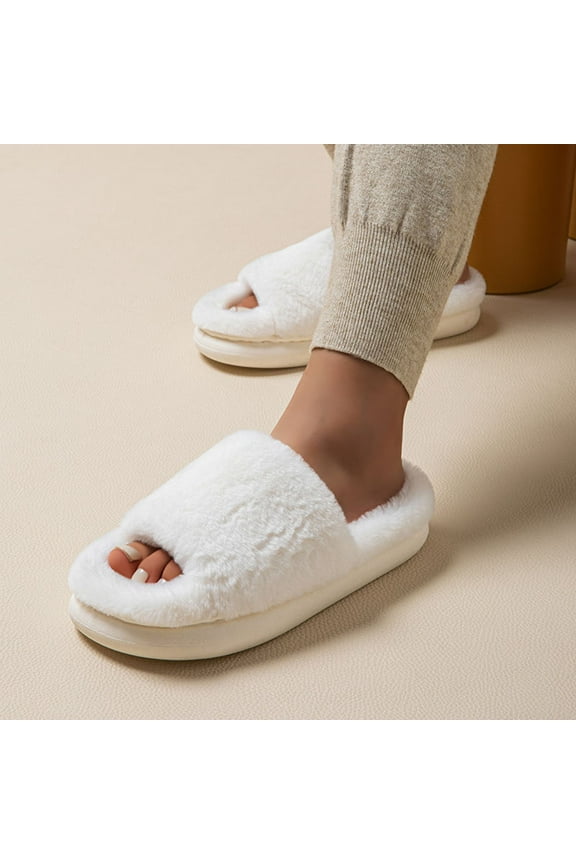 Women's White Open-Toe Slippers, Plush Fuzzy Indoor Shoes with Thick Cushioned Sole, Size 36 (US 5) - Cozy Home Essentials