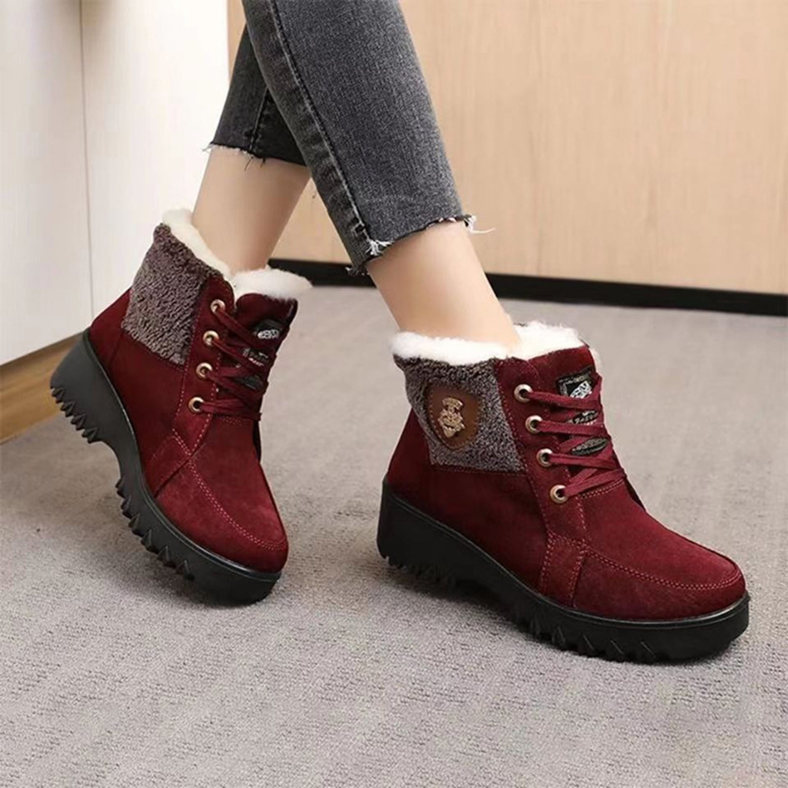 Zunfee Women's Winter Ankle Boots Fur Lined Warm - Red, Slip Resistant ...