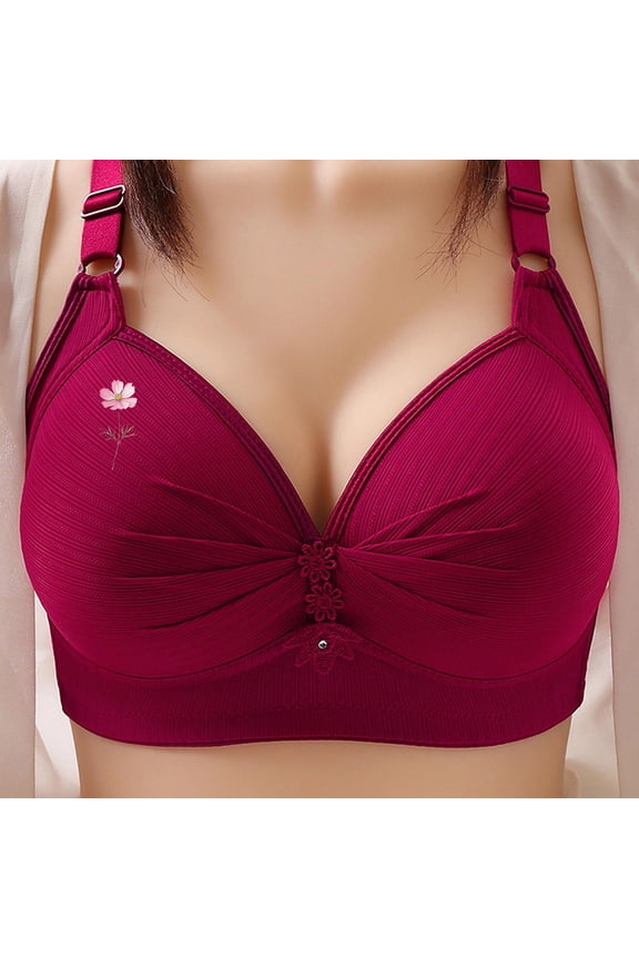 Women's Wireless Nylon Bra - Size M, Floral Embroidery, Adjustable Straps, Comfortable Everyday Wear, Wine Color