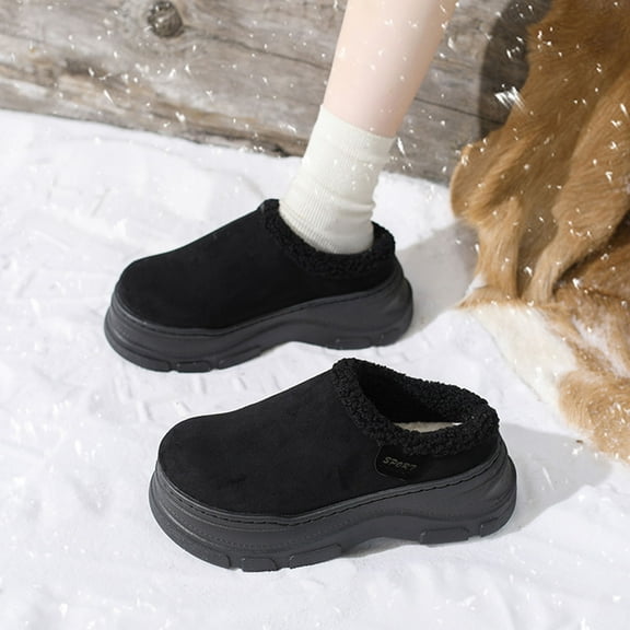 Zunfee Womens Fleece-Lined Non-Slip Slides - Chunky Sole Warm Winter Slip-On Shoes (Black),Size 43