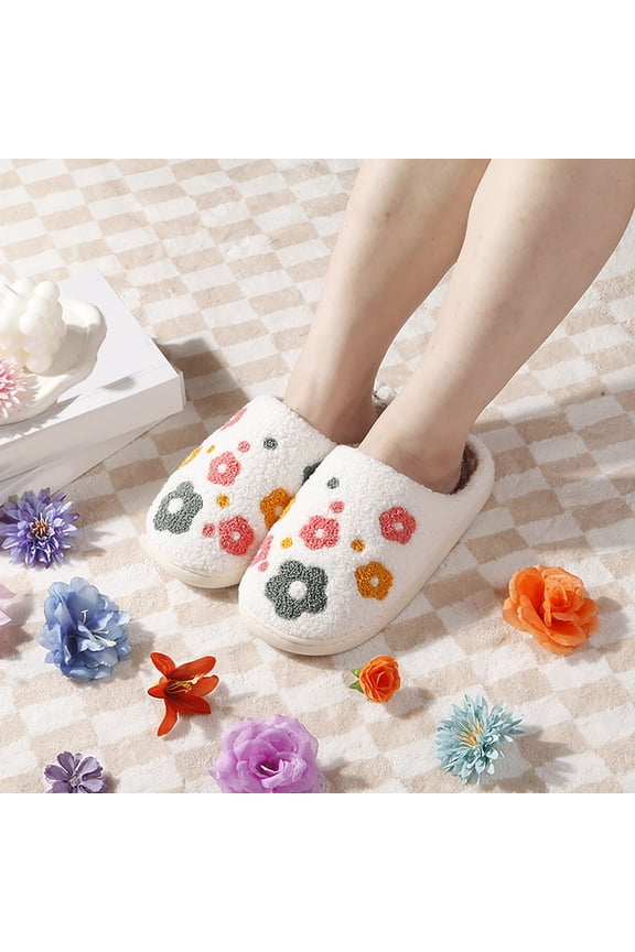 workcargo Womens Non-Slip Plush Slippers - White Floral Embroidery Closed-Toe, Warm Fuzzy Indoor Outdoor House Shoes, 100% Polyester US Sizes 7/9/11/13,Size 37