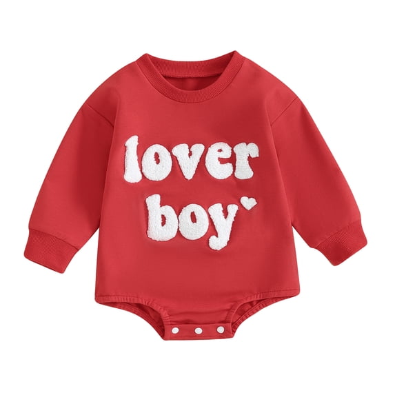 woshilaocai Baby Boy Valentines Day Outfit Sweatshirt Romper Long Sleeve Bubble Onesie Newborn Winter Clothes Lover Boy