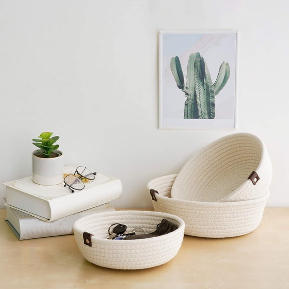 woven Rope Storage Basket Set 3 Piece with Handles, Laundry Basket Bin for Shelves, Woven Nesting Baskets for Living Room Toy wardrobe Organization