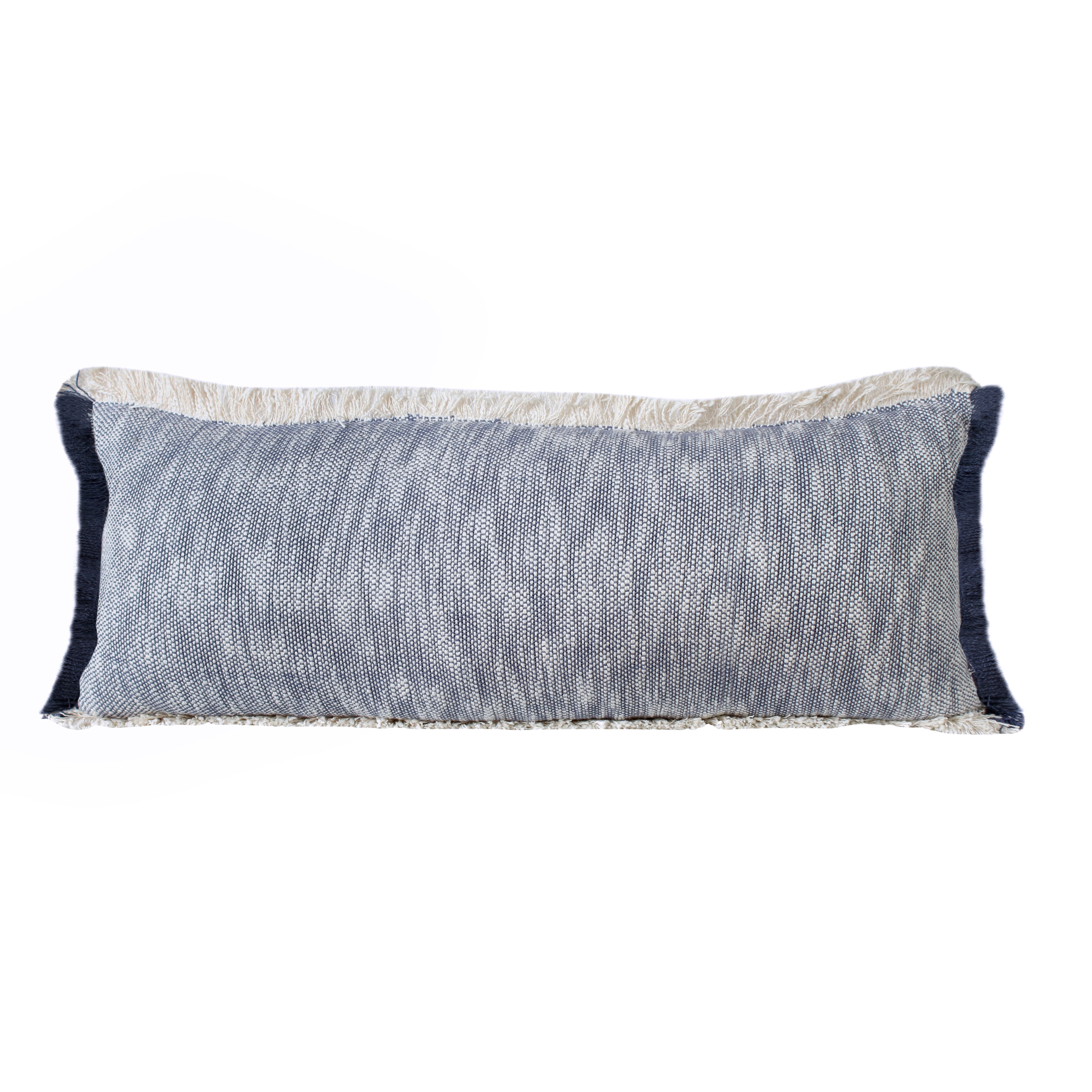 Navy Blue and White Cotton Lumbar Pillow with Fringe