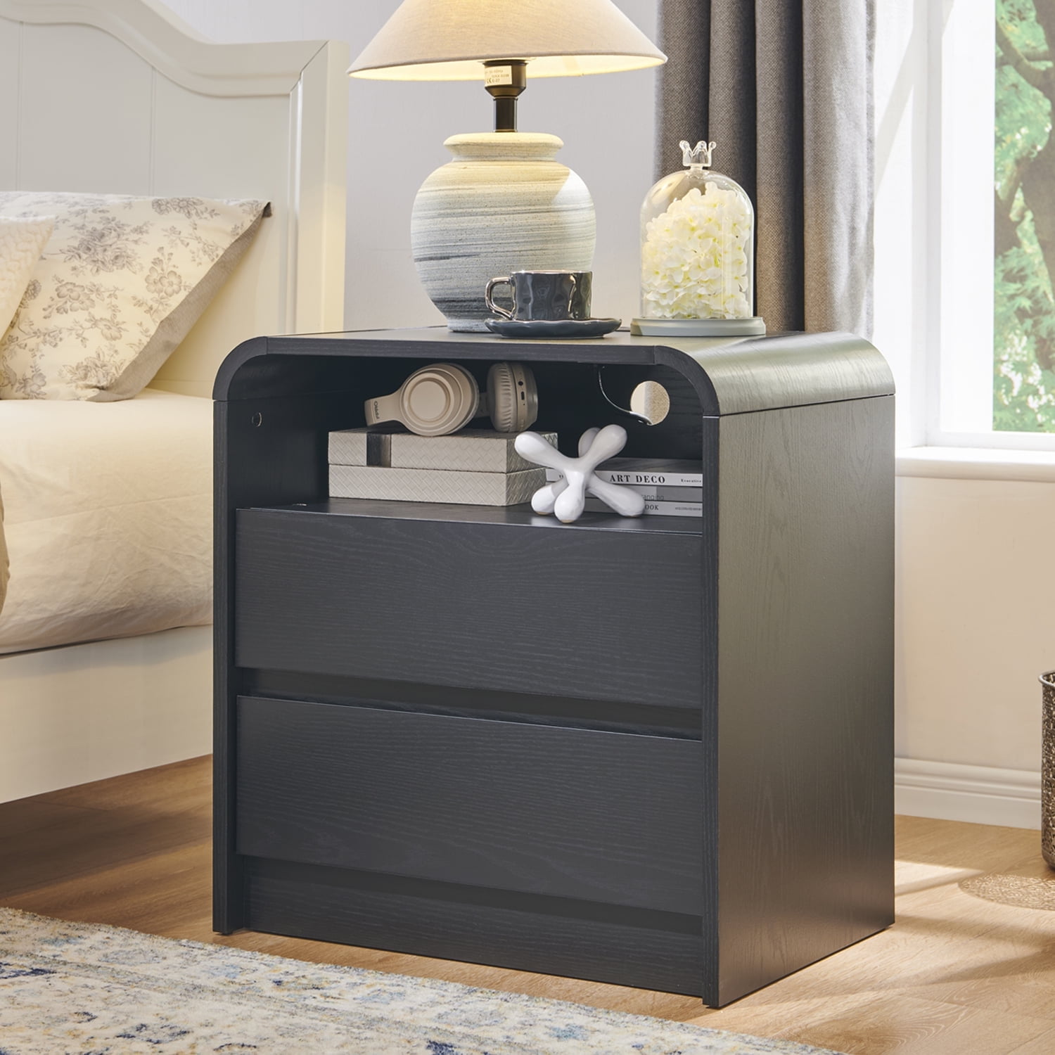 wow97e 2 Drawers Bedside Table, Modern Nightstand with Charging Station, Curved Profile Design, Mid Century End Table for Bedroom, Living Room